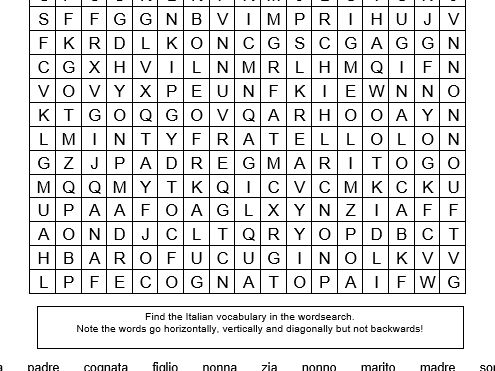 Free Italian wordsearch - la famiglia