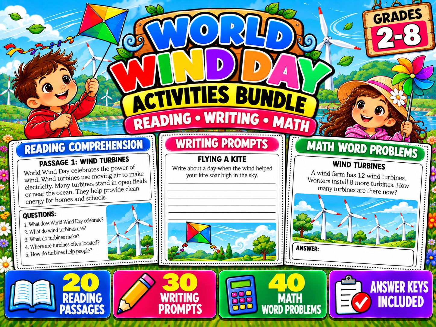 World Wind Day Activities Bundle | Reading, Writing & Math | Grades 2–8