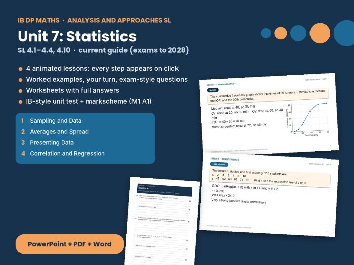 IB Maths AA SL Statistics – Unit 7: sampling, averages, charts, regression, IB-style test