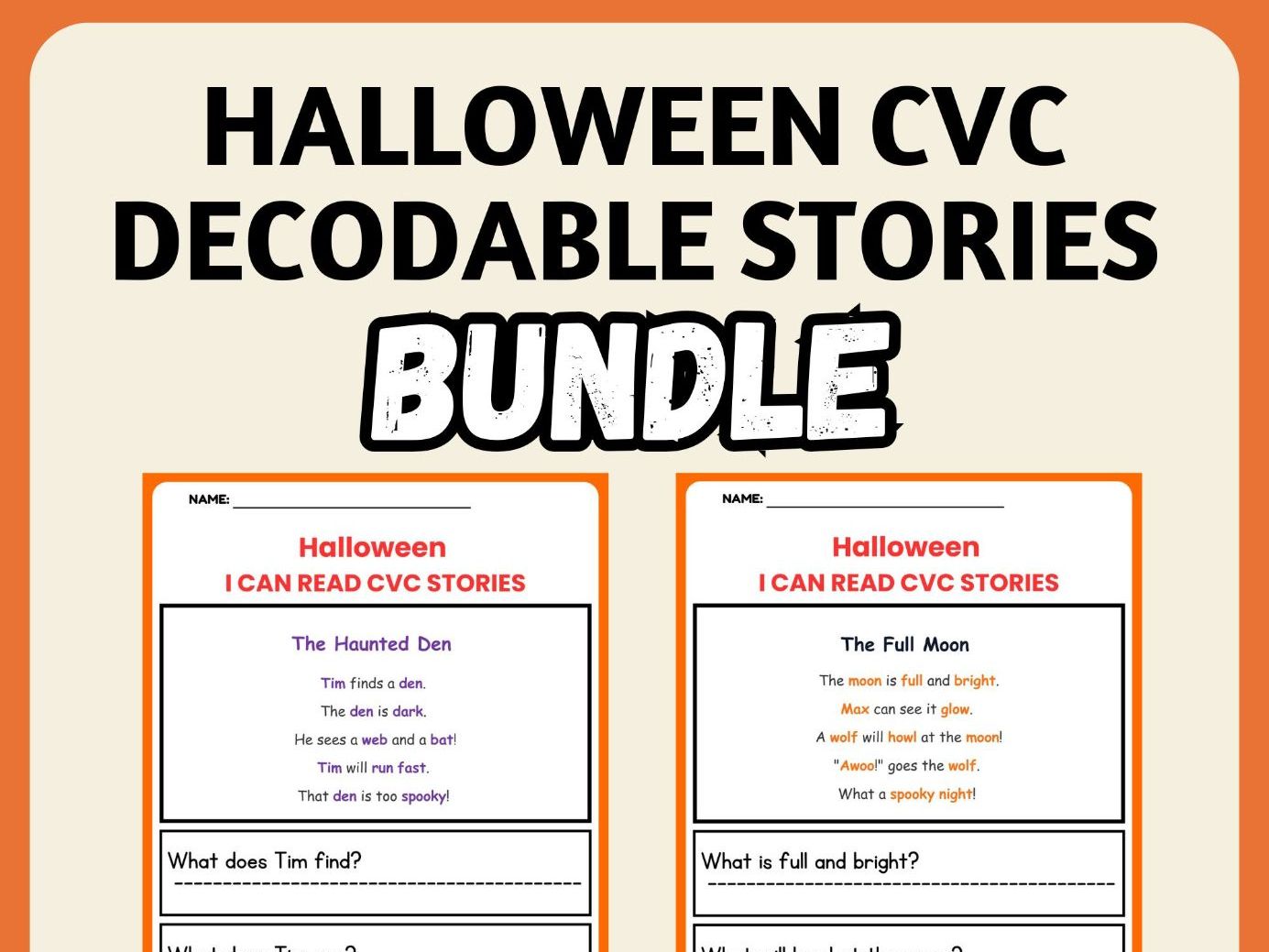 Halloween Reading Comprehension CVC Decodable Short Stories worksheets Bundle