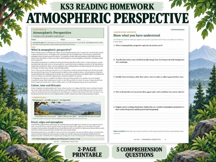 Atmospheric Perspective Reading Comprehension Worksheet | KS3 Art Homework