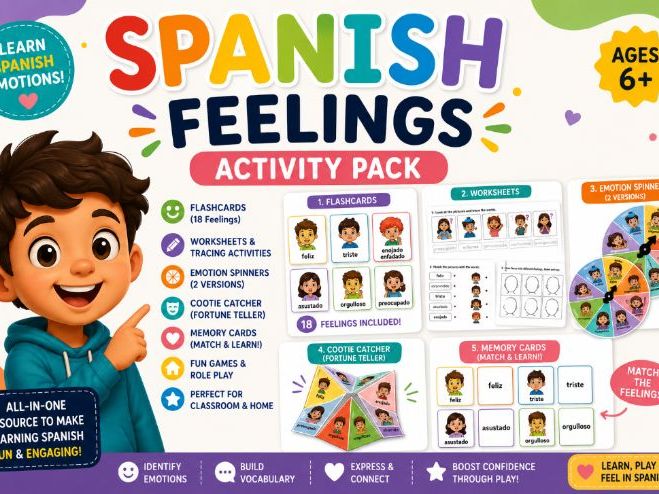 Spanish Feelings Activity Pack,Emotions Flashcards, Memory Game, Cootie Catcher, Worksheet& Spinners