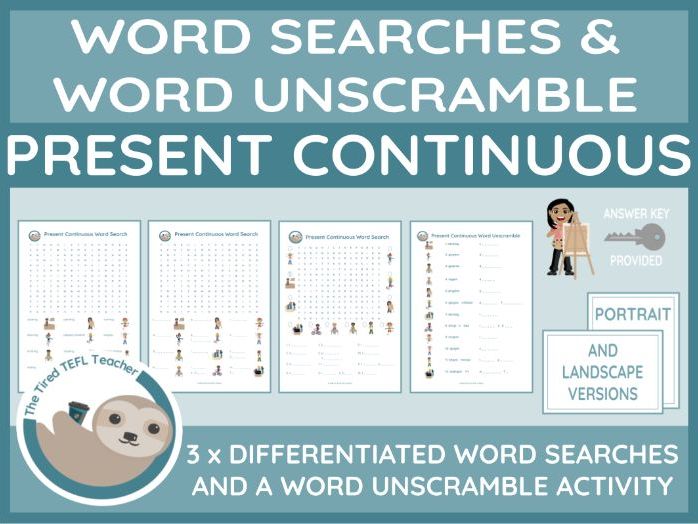 ESL Present Continuous Differentiated Word Searches and Word Unscramble