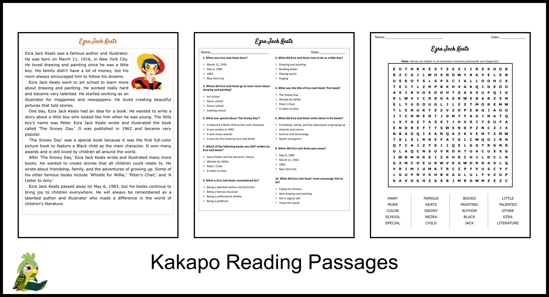 Ezra Jack Keats Reading Comprehension and Word Search Teaching Resources