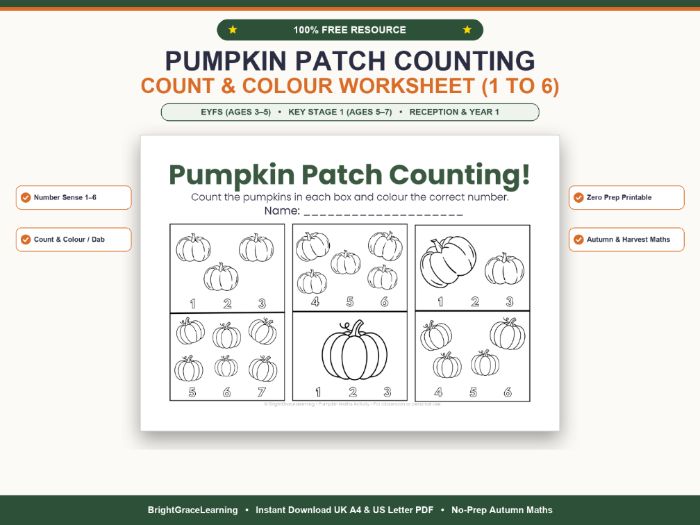 FREE Pumpkin Patch Counting Worksheet | Autumn Math Count & Colour EYFS KS1