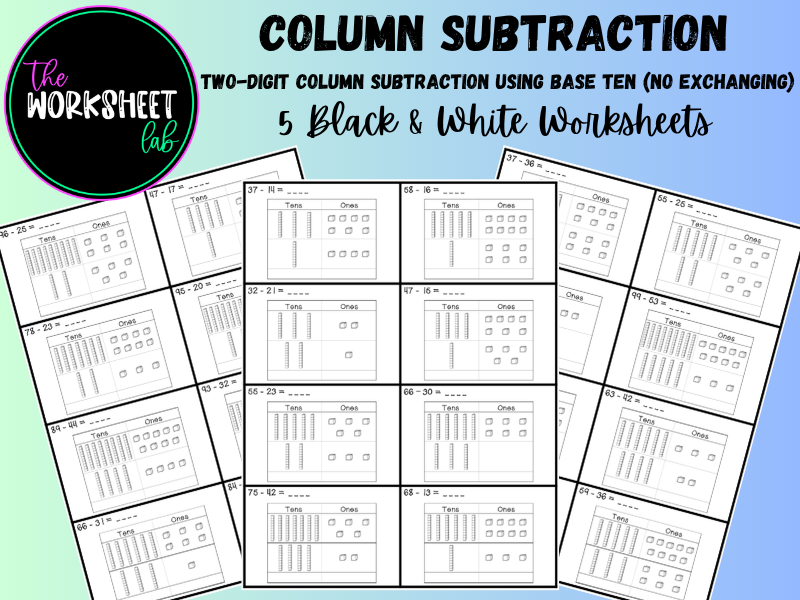 Two-Digit Column Subtraction using Base Ten (No Exchanging) Worksheets in Black & White