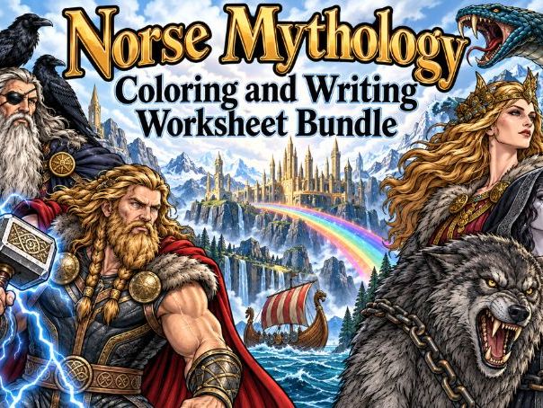 Norse Mythology Coloring & Writing Worksheet Bundle (65 Worksheets)