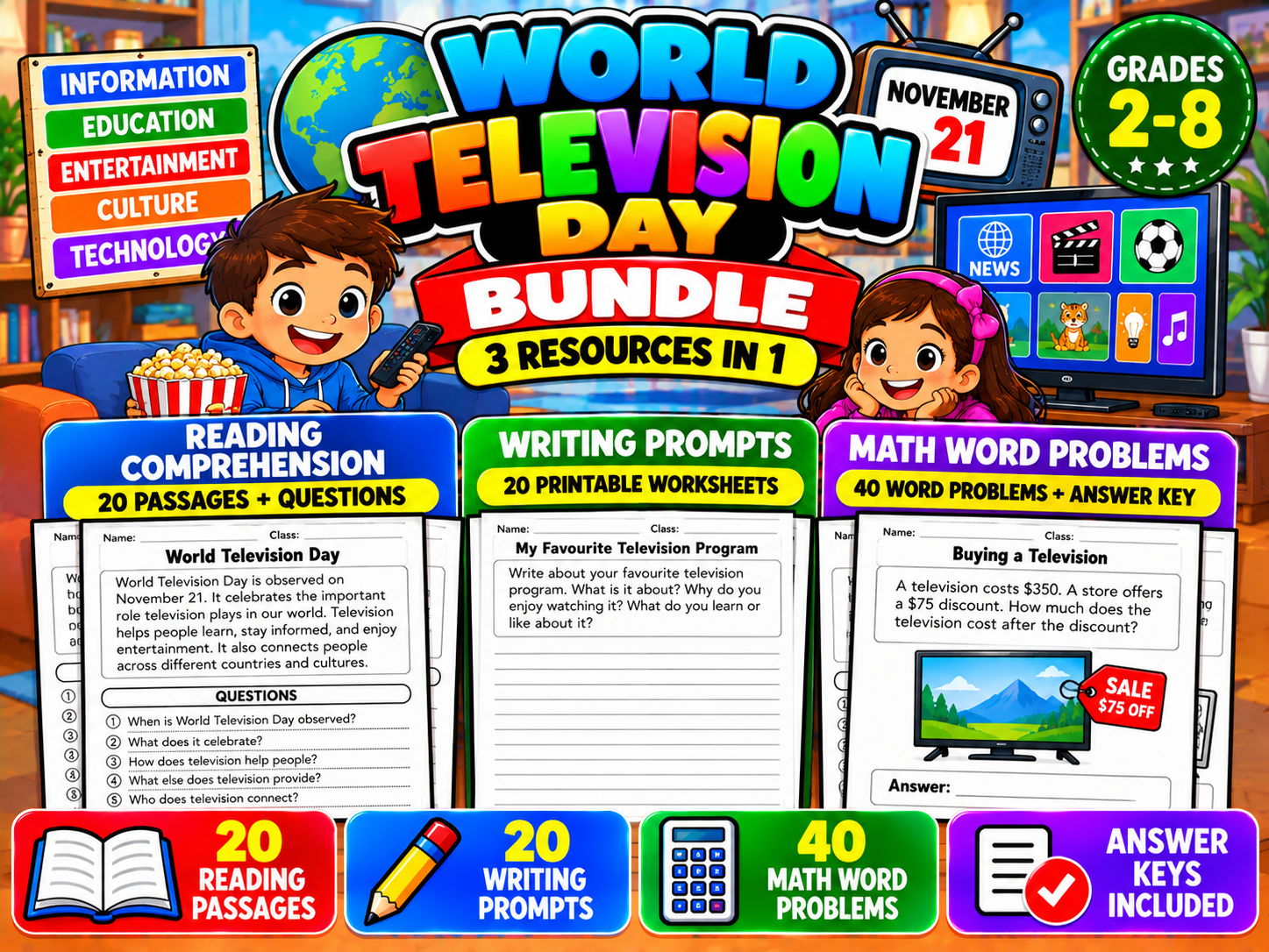 World Television Day Activities Bundle | Reading, Writing & Math | Grades 2–8