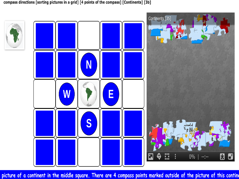 compass directions [sorting pictures in a grid] [4 points of the compass] [Continents] [3b]