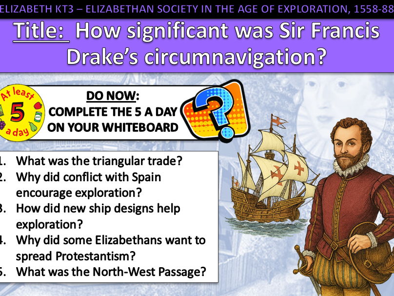 History GCSE Elizabeth Edexcel KT3 L6 Drake’s Circumnavigation (Fully Resourced).