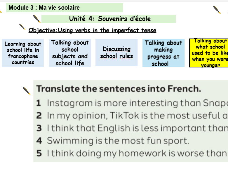 New French AQA Higher GCSE Module 3 Ma vie scolaire Unit 4 Souvenirs d'école