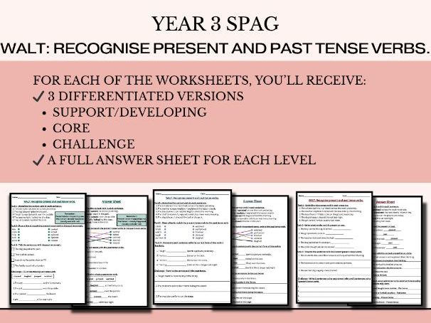 Year 3 Present & Past Tense Differentiated Worksheets | Verbs Practice + Answers