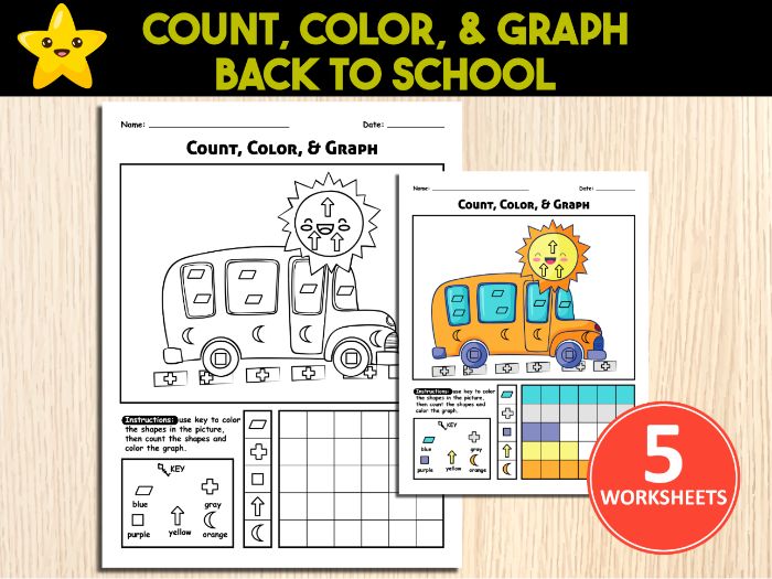 Color, Count and Graph Shapes Back To School | Math Activities For Preschoolers