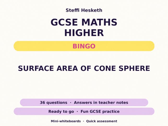 Surface Area of Cone Sphere GCSE Maths Higher Bingo