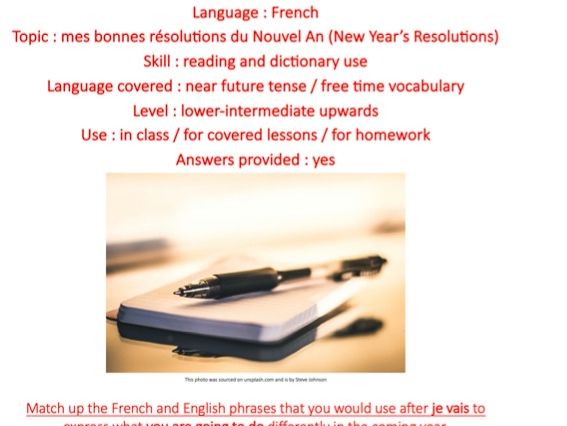 French, mes bonnes résolutions du Nouvel An (New Year’s Resolutions), near future tense, lower-int+