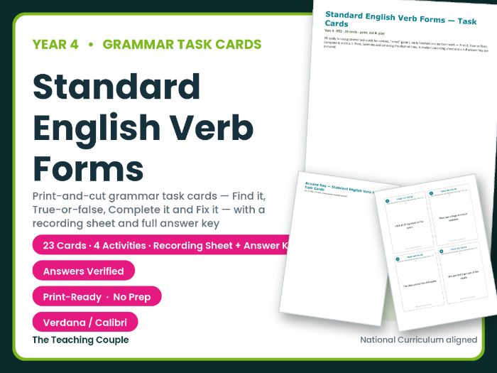 Year 4 Standard English Verb Forms Grammar Task Cards + Answer Key