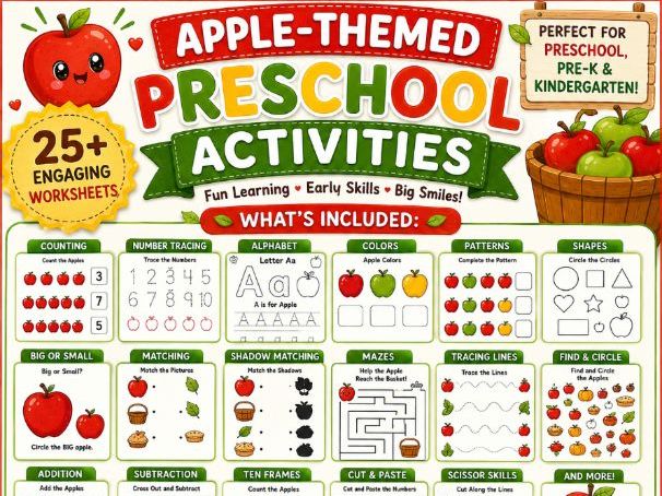 Apple-Themed Preschool Activities, Apple Worksheets, Pre-K & Kindergarten