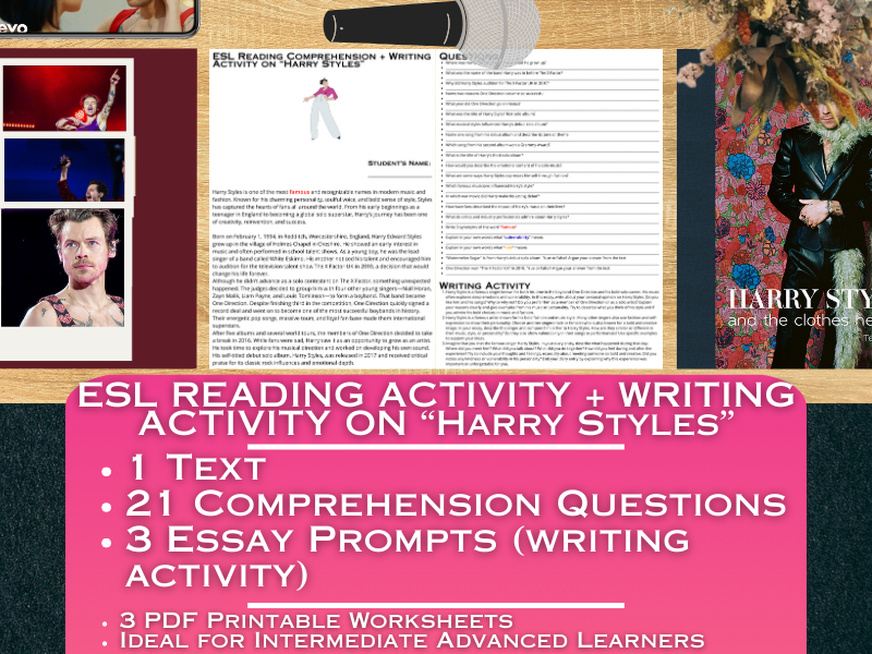 ESL Reading Comprehension + Writing Activity Worksheets on "Harry Styles"