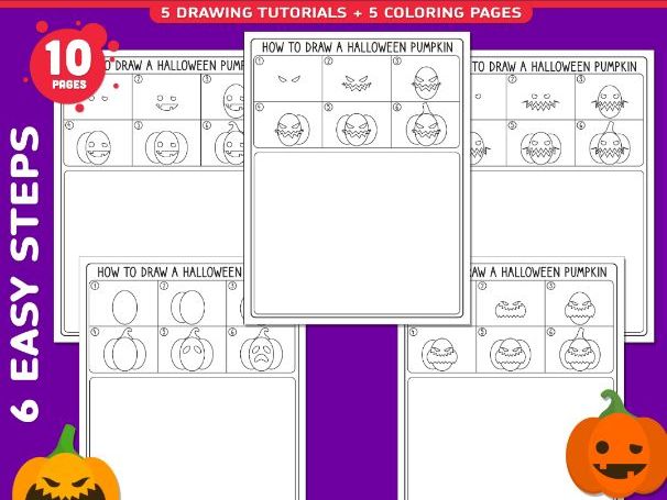 How to Draw a Halloween Pumpkin, Autumn Directed Drawing, Learn to Draw in 6 Steps