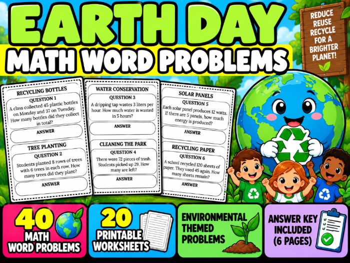 Earth Day Math Word Problems | 40 Worksheets with Answer Key