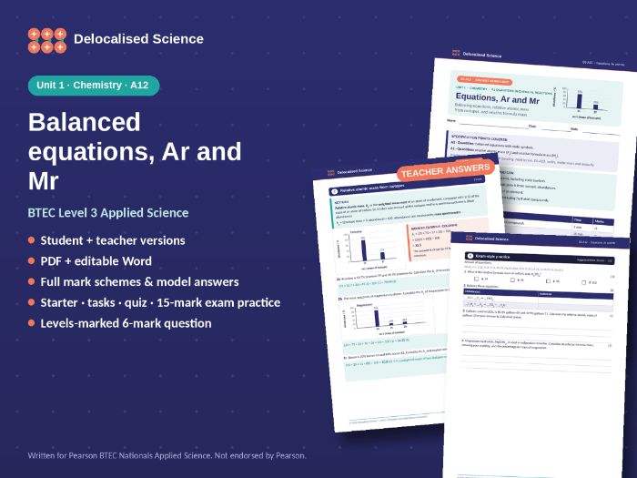Balanced Equations, Ar and Mr | BTEC Applied Science Unit 1 | Teaching ...