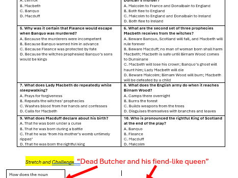 Macbeth multiple choice and challenge starter tasks