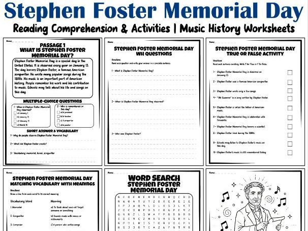 Stephen Foster Memorial Day Reading Comprehension & Activities | Music History Worksheets
