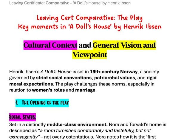 Key Moment NOTES + free wrkbook A Dolls House Leaving Cert English COMPARATIVE CULTURAL CONTEXT GVVP