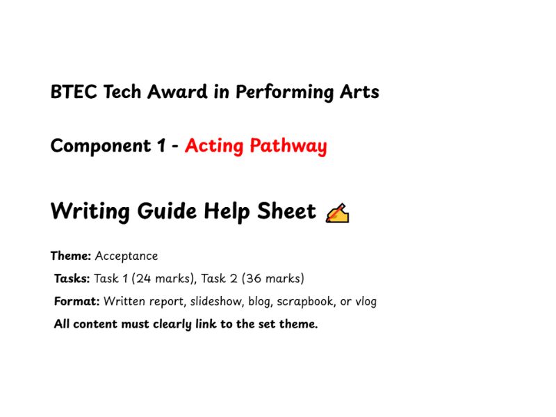 BTEC PA - Acting Pathway Sentence Starters Writing Guide & Support Resource (SEND-Friendly)