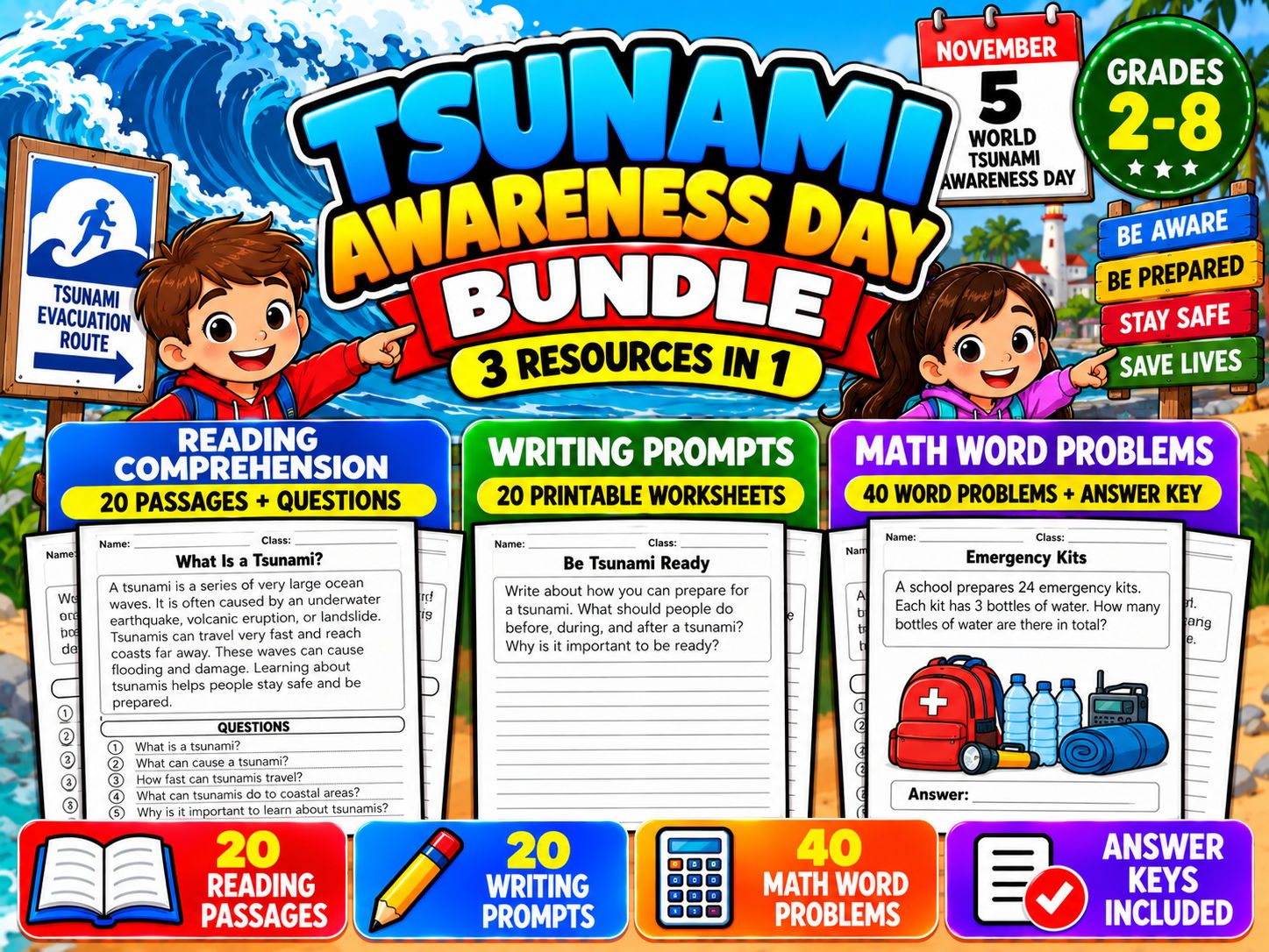 Tsunami Awareness Day Activities Bundle | Reading, Writing & Math | Grades 2–8