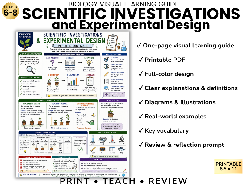 SCIENTIFIC INVESTIGATIONS & EXPERIMENTAL DESIGNS Biology Visual Learning Guide | Grade 8 & Middle Sc