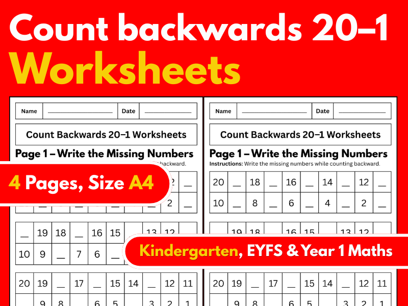 Count Backwards 20–1 Worksheets | Kindergarten & Year 1 Maths