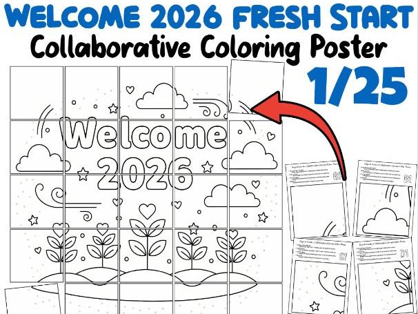 Welcome 2026 Fresh Start Collaborative Coloring Poster | New Year Classroom Art