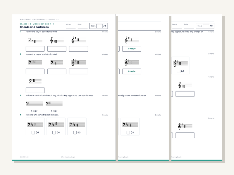Grades 1–2 Music Theory Worksheets: Chords & Cadences (20 Sheets + Answers)