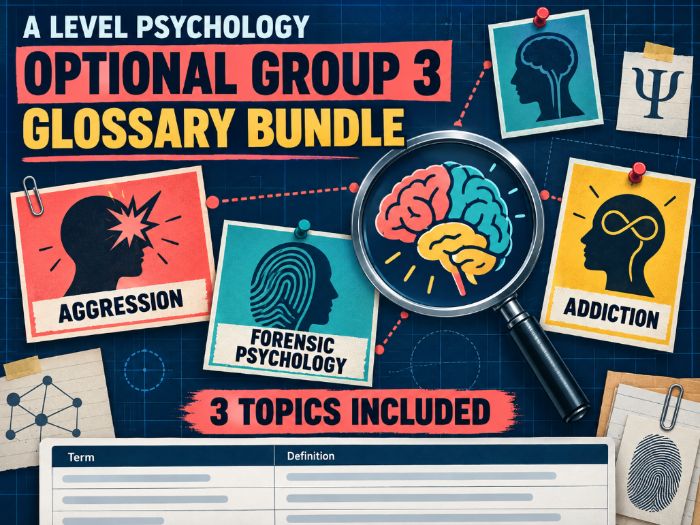 AQA A Level Psychology Group 3 options | Aggression, Forensic Psychology & Addiction Glossary Bundle