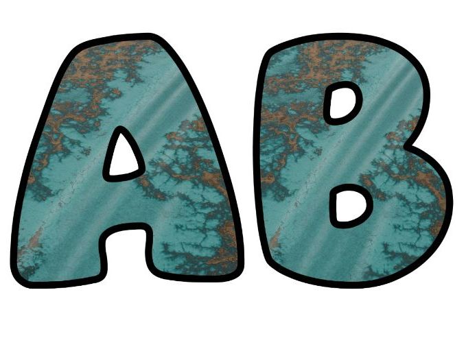 Copper Patina Blue Lettering Set | Classroom Display | Upper & Lowercase, 0-9 and Signs