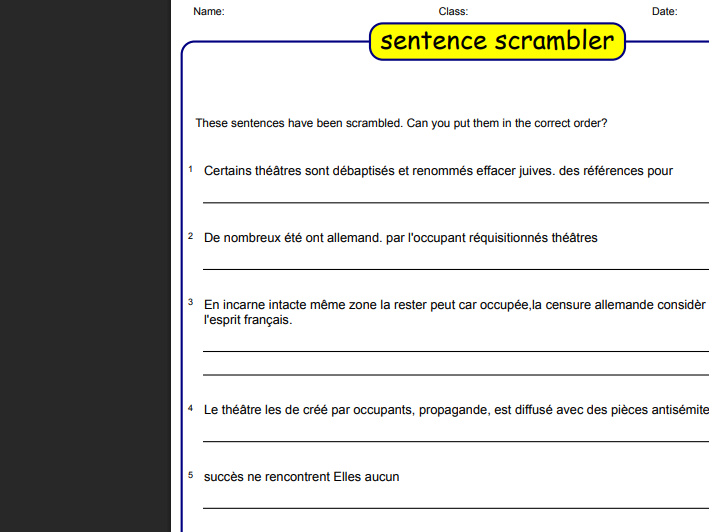 A-level French Theme 4 Le théâtre pendant l'occupation- Sentence scrambler