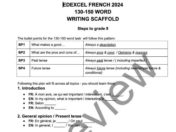 EDEXCEL GCSE French 2024 - 130-150 word writing - Steps to grade 9