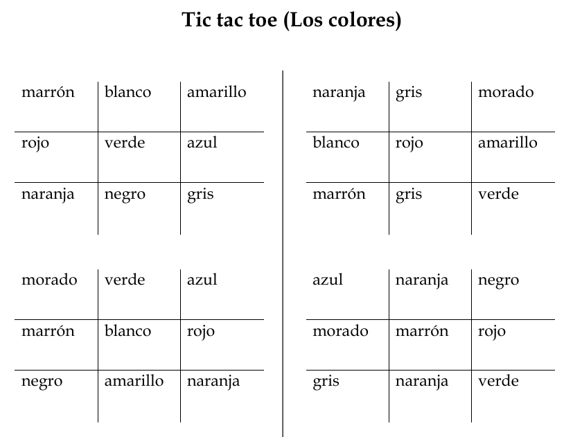 Tic Tac Toe Spanish Colours Worksheet | Los colores