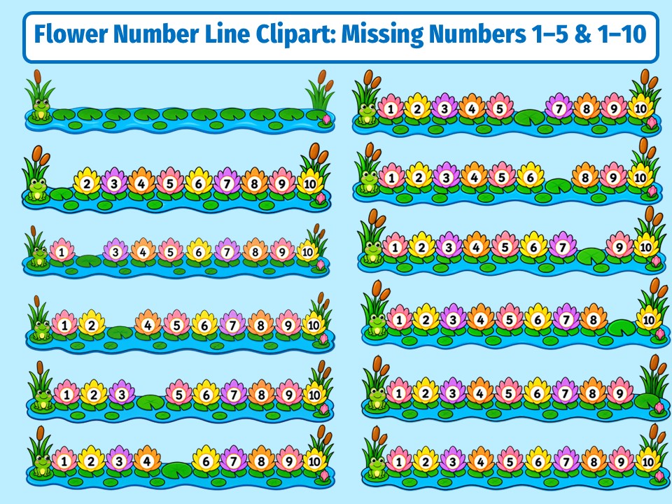 Flower Number Line Clipart: Missing Numbers 1–5 & 1–10