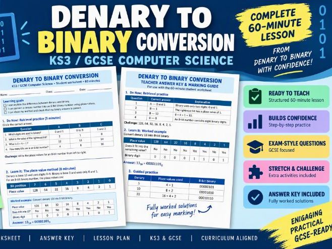 Denary to Binary Conversion Worksheet & Answer Key | KS3 / GCSE Computer Science