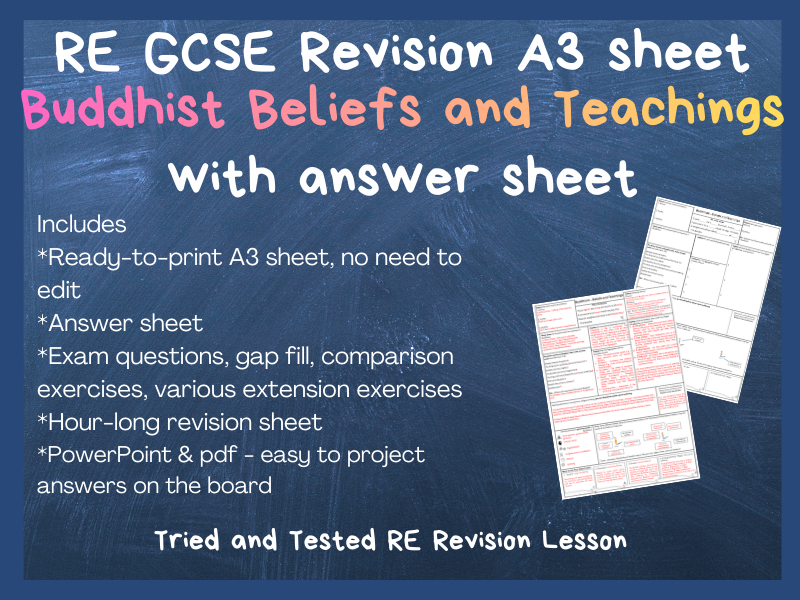 RE GCSE Buddhism Beliefs & Teachings Revision A3 Sheet | Printable with answers, hour-long lesson