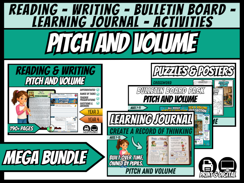 Pitch & Volume | Mega Bundle | Science + ELA, Journal & Bulletin Board+
