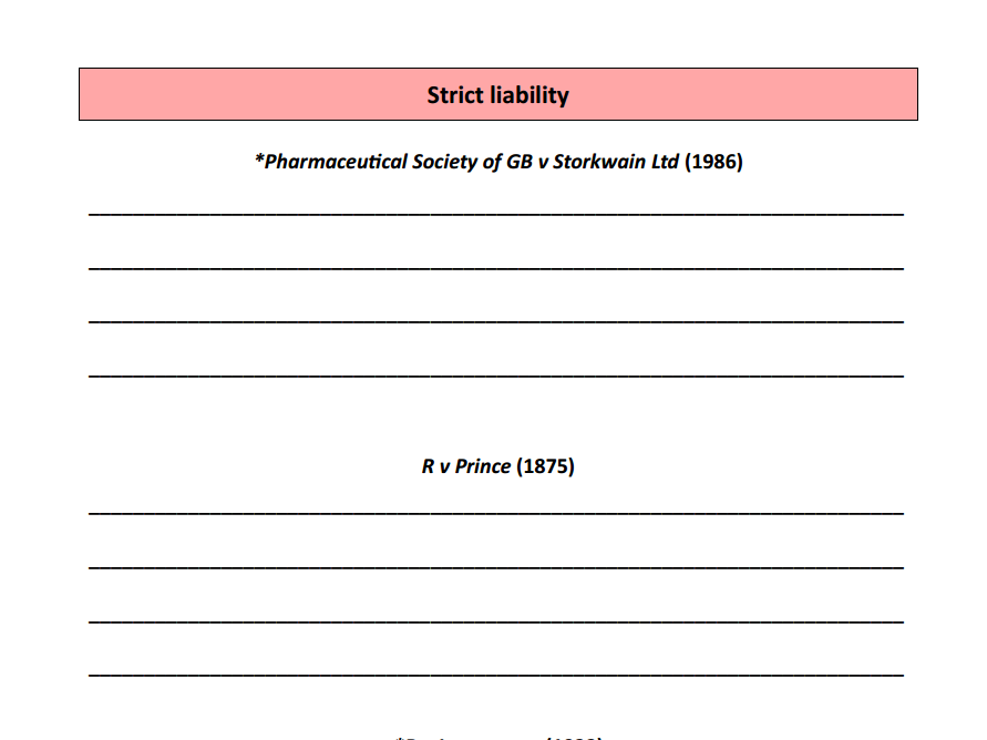 Strict liability - cases and statutes worksheets (OCR A-level law)