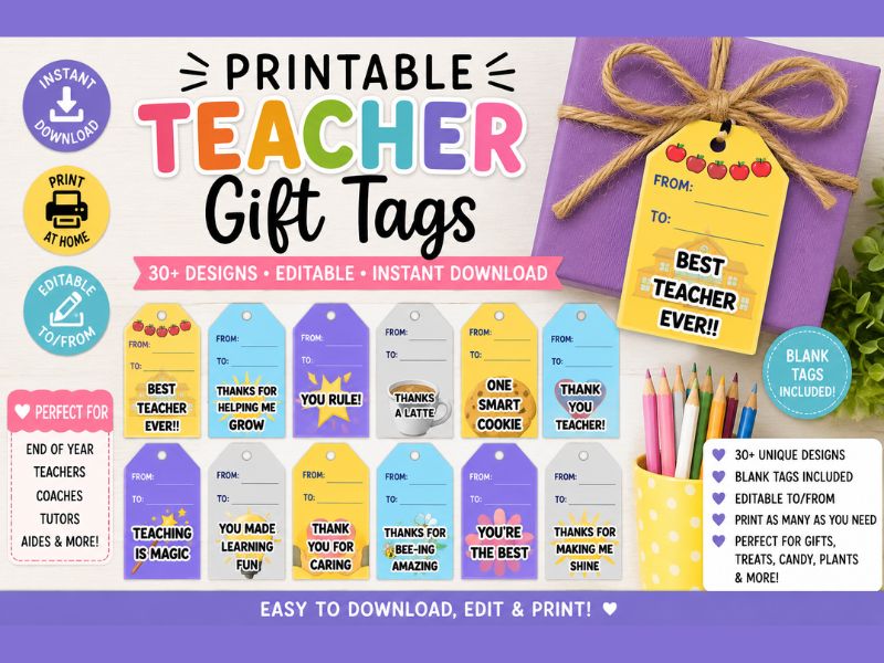 36-Tag Teacher Appreciation Gift Tags Printable PDF for End of Year Gifts Grades K–5