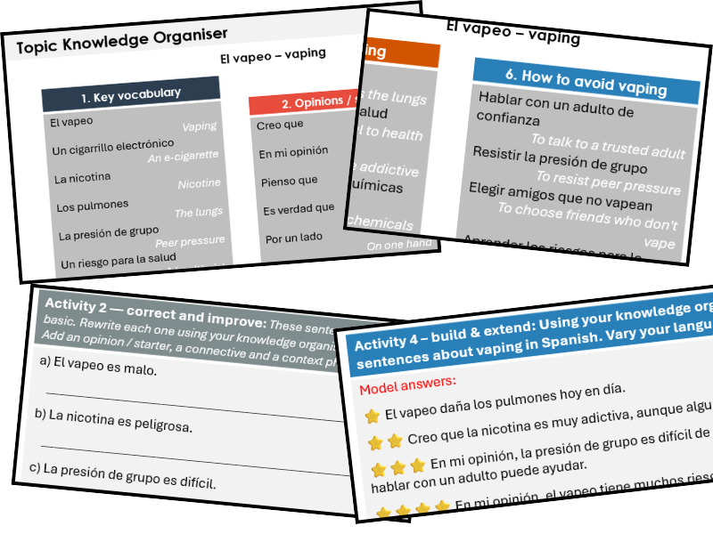 Vaping & Health (Spanish)- Knowledge Organiser & Activities (Conti Style)