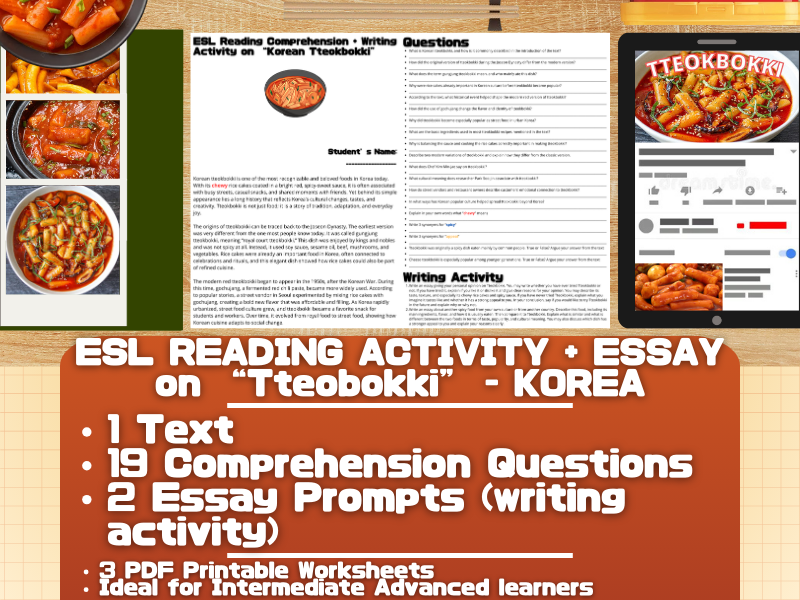 ESL Reading Comprehension + Writing Activity - Tteokbokki - Korean Spicy Food