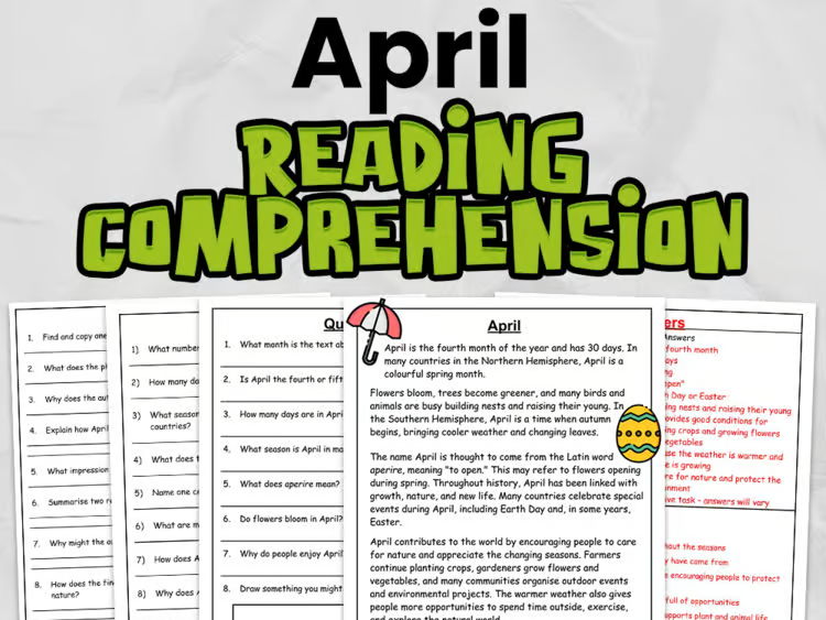 April Reading Comprehension & Close Reading Activities | KS2 English Worksheets | Differentiated
