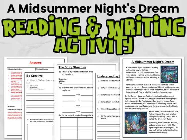 A Midsummer Night's Dream Reading Comprehension & Writing Activity | Shakespeare | Years 4–6
