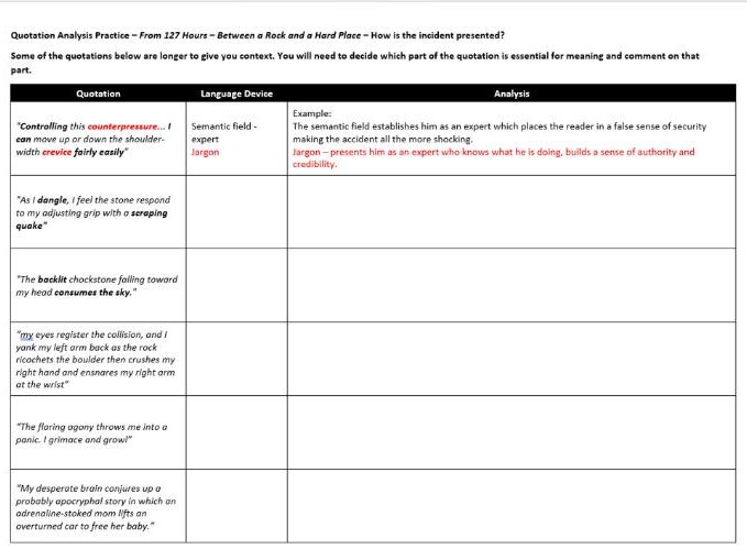 iGCSE Edexcel English Language A Revision grids (quotations analysis ...